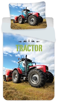 Traktor junior sengetøj 100x140 cm - sengesæt med rød traktor - 2 i 1 design - 100% bomuld